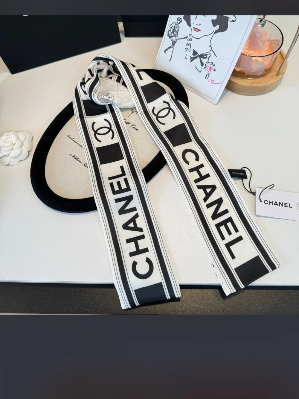 🖤 Double C Designer Black White Letter Logo Spell Out Silk Scarf